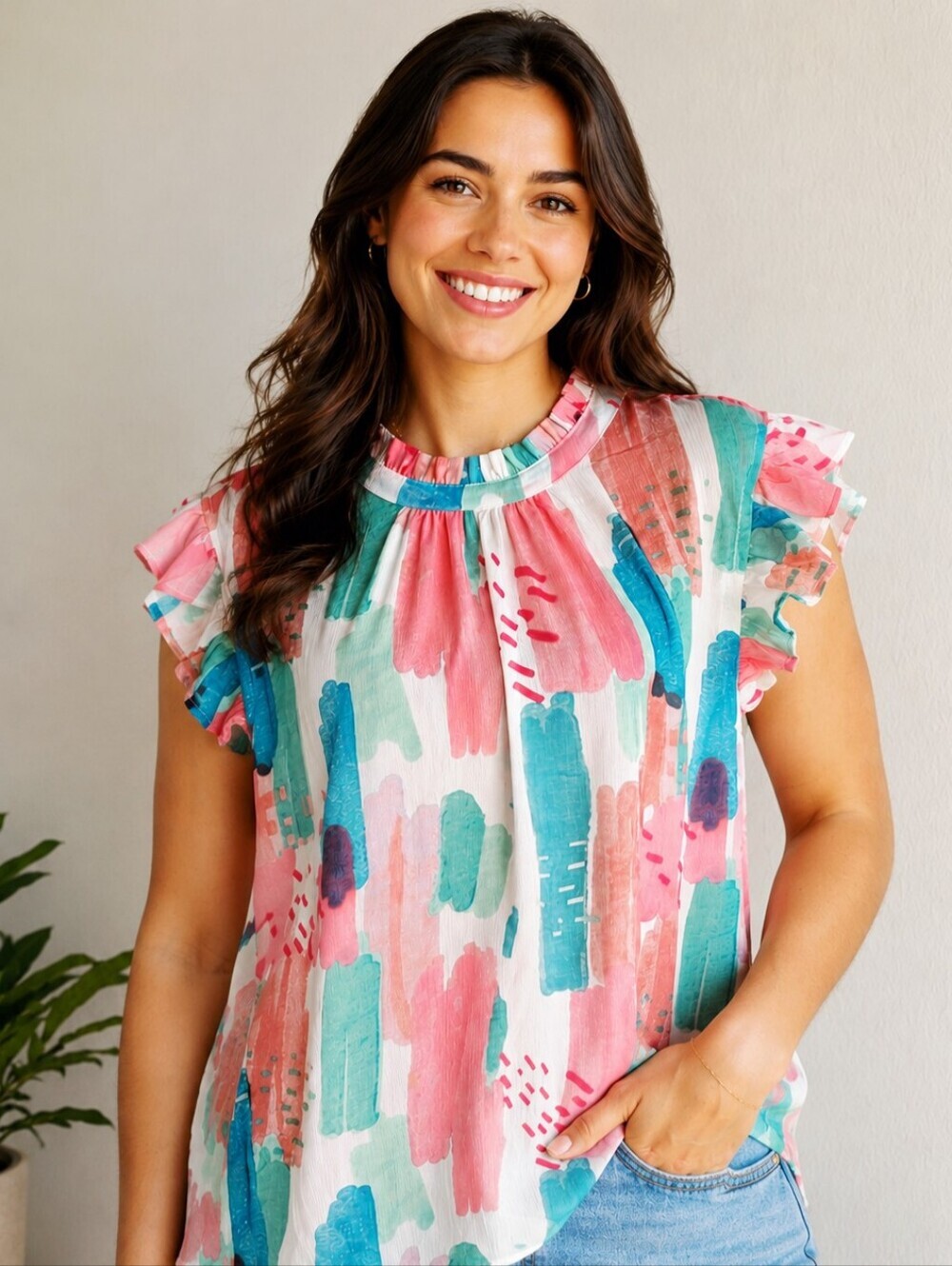 Stylish Abstract Brushstroke Design Top, Ruffle Collar & Cap Sleeves, Size 2X